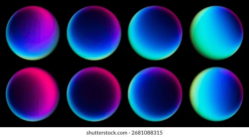 Set of glowing spheres illuminated with smooth neon gradients blending blue pink tones. Colorful spheres set with blurred colors for digital art compositions, futuristic projects, creative banners
