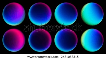 Set of glowing spheres illuminated with smooth neon gradients blending blue pink tones. Colorful spheres set with blurred colors for digital art compositions, futuristic projects, creative banners