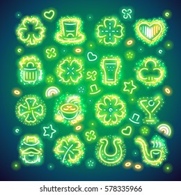 Set of glowing St. Patricks day symbols with vibrant sparkles makes it quick and easy to customize your holiday projects. Used vector brushes included.