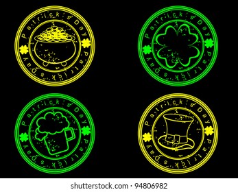 A set of glowing stamp  in green and yellow color on black background for St. Patrick's Day.Please see some similar images in my portfolio.