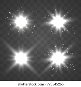 Set Glowing Star burst with dust and sparkles spotlight on transparent background. Vector illustration.