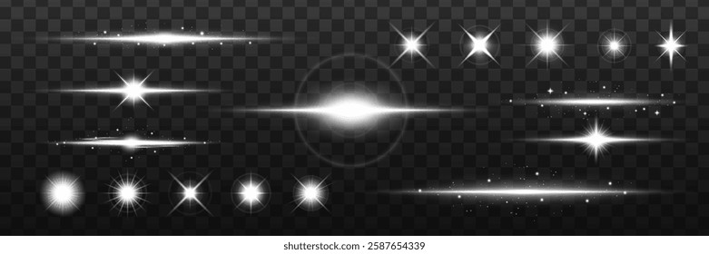 Set of glowing star effects on a transparent background. Includes various star shapes, sparkles, and light bursts. Perfect for adding sparkle and shine. Light effect vector set.