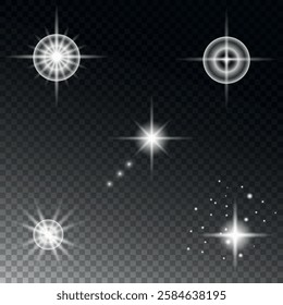 Set of Glowing Star and Light Effects with Transparent Background. Various designs of bright glowing star and light effects on a transparent background for design projects.