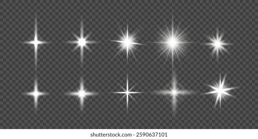 Set of glowing starburst light effects, graphic style, on transparent background. Concept of light, shine, and sparkle. Vector illustration