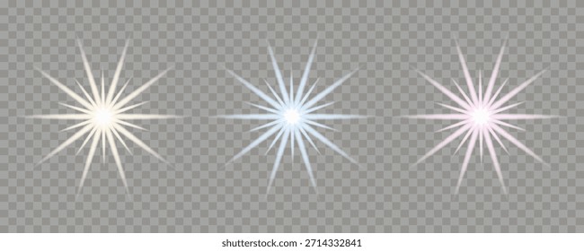 Conjunto de brillantes efectos de luz de estallido estelar en blanco, azul y rosa con rayos largos, aislados sobre un fondo transparente. Para la superposición. Ilustración vectorial editable.