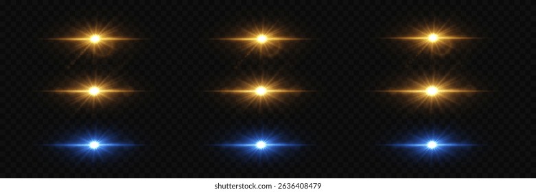 Set von glühenden Sternenlichteffekten in Gold- und Blautönen. Auf transparentem Hintergrund