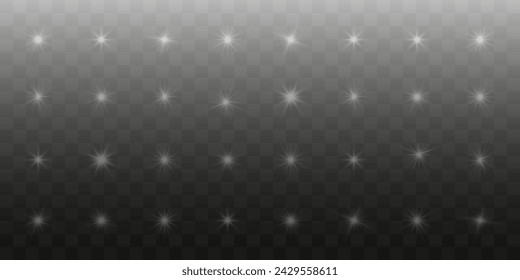 Set of glowing stars. Glare light effect. On a transparent background.