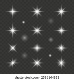 Set of glowing stars lights effect with sparkles isolated on dark transparent background. Vector flat illustration