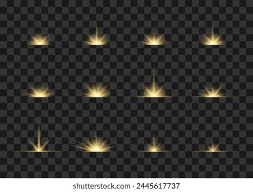 Set of Glowing Stars, Lights, Flashes of Light. Light Effects. Sunrise, Sun Rays, Reflection, Flares. Golden Flashes. Vector Light Lights on Transparent Background