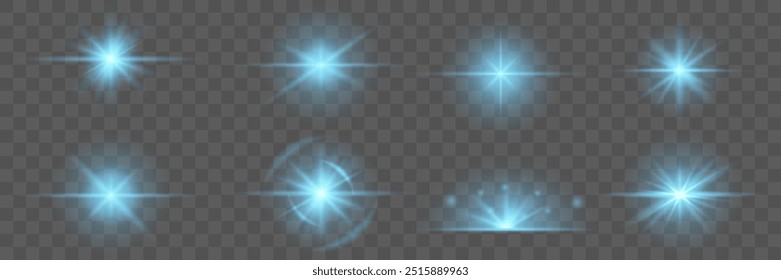 Set of glowing stars with sparkles.  Blue glowing light explodes. Shiny elements on a transparent background. The effect of a bright glow of blue stars.