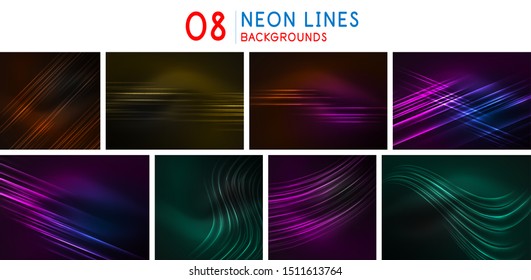 Set of glowing straight neon lines flowing backgrounds, flow abstract banners, motion technology dynamic design. Futuristic energy magic flashes. Vector art