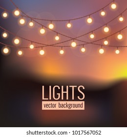 Set Of Glowing String Lights On Abstract Evening Sky Background. Vector Illustration