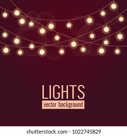 Set of glowing string lights on dark red background. Vector illustration.