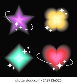 Set of glowing symbols and shapes in white frames with blinks, retro Y2K graphic design elements and stickers. Vector illustration.