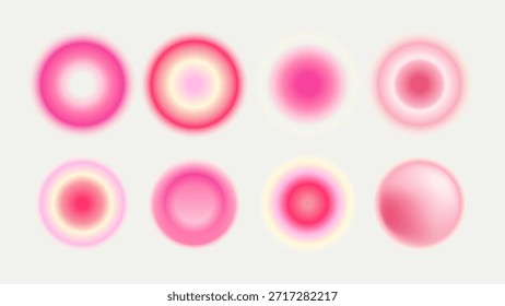 Set of glowing Valentine circles. Soft pink and red gradients with romantic aura effect. Vector design for love themed backgrounds