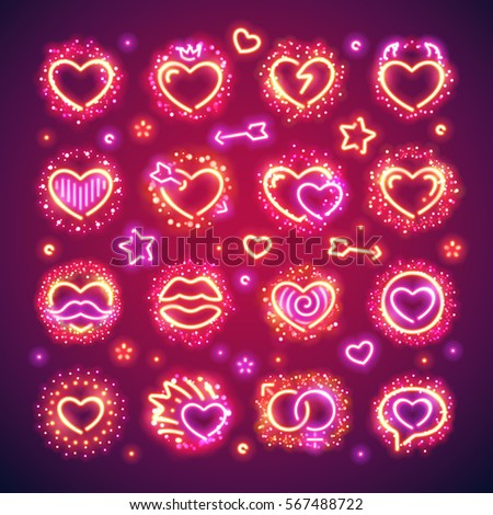 Set of glowing Valentines hearts with vibrant sparkles makes it quick and easy to customize your romance projects. Used neon vector brushes included.