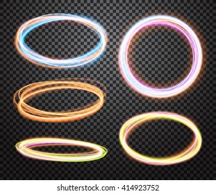 Set of glowing vector effects isolated on plaid background. Blurred magic bright circle light tracing collection with transparency