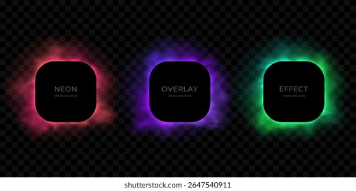 Conjunto de quadros vibrantes brilhantes com imitação de fumaça de néon isolada no fundo preto. desenhos de borda rosa, roxo, verde, quadrada. Modelos coloridos de gradiente abstrato para banner, cartaz