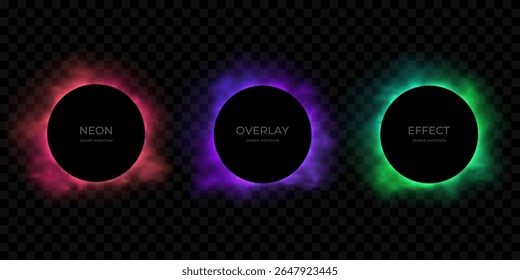 Set of glowing vibrant frames with neon smoke imitation isolated on black background. Pink, purple, green illumination, circle border designs. Abstract gradient colorful templates for banner, poster.
