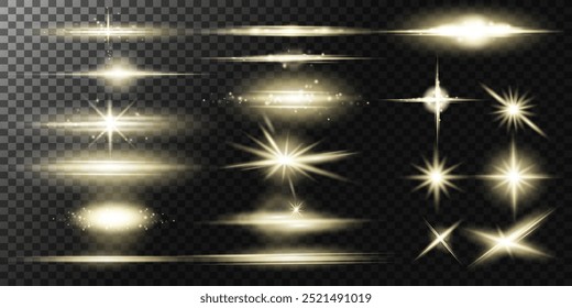 Set of glowing warm light effects, stripes, lines, sparkle, lens flares, light explosion, solar flare, stars on transparent background. Realistic Warm light effects collection. Vector illustration