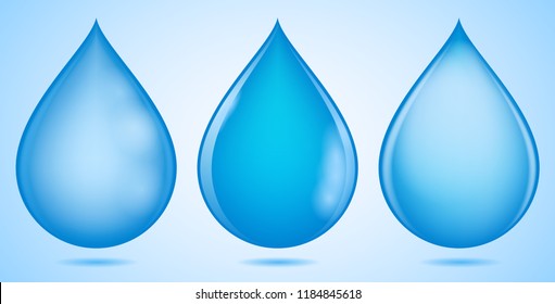 Set of glowing water drops isolated on blue and white background. Vector illustration