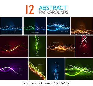 Set of glowing wave lines abstract backgrounds, curvy stripes in the dark