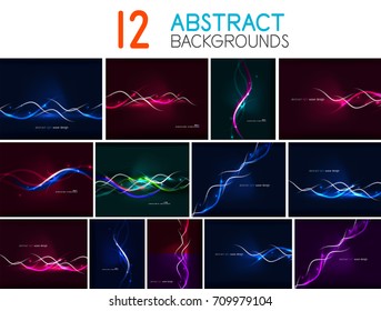 Set of glowing wave lines abstract backgrounds, curvy stripes in the dark