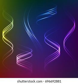 Set glowing wave lines with swirls, bright sparkles on dark background. Abstract light speed motion effect. Technology digital set for computer graphic, website, business.Vector illustration
