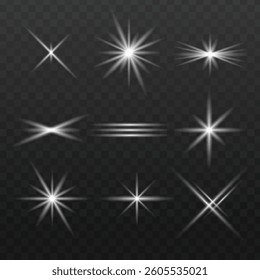 Set of glowing white light effects, glare, explosion, stars, sparkles, sun glare