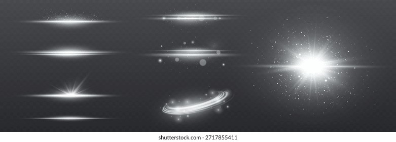 Conjunto de efectos de luz blanca brillante con destellos, destellos y brillo transparente sobre fondo oscuro.