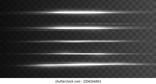 Set of glowing white line. Lights effects. Bright glares on transparent background. Luminous sparkling lined. Silver horizontal light rays, sparkles streaks. Laser beams, speed motion lines. Vector