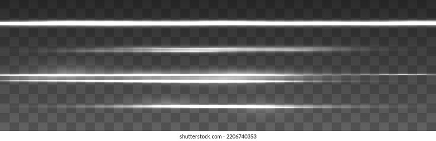 Set of glowing white line. Lights effects. Bright glares on transparent background. Luminous sparkling lined. Silver horizontal light rays, sparkles streaks. Laser beams, speed motion lines. Vector
