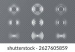 Set of glowing white radar and wave ripple effects on transparent background. Round signal elements for user interface, futuristic HUD visual effects, scanning animation or sonar display design.	