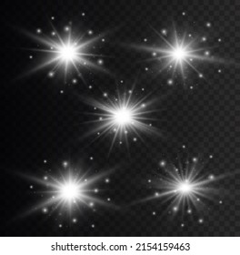 Set of glowing white stars bursts with sparkles. Sunlight special lens flare light effect. Shine, sparks, flash on transparent background. Glowing lights, star sparkl. Transparent shining sun. Vector.