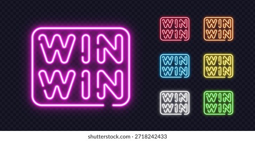 Conjunto de brillantes Iniciar sesión de neón WIN WIN de diferentes colores vibrantes, ideales para el éxito empresarial, la motivación o los conceptos de espíritu de equipo.