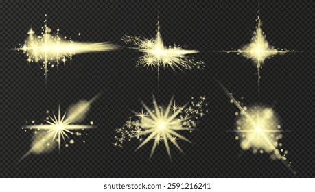 A set of glowing yellow elements consisting of pleiades of stars and spheres on a transparent isolated background. Vector graphics. EPS10.