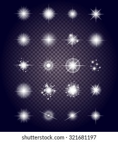 Set glows bright star light fireworks. Flash and glow, sparkle illuminated, flare effect, shine explosion, glitter and twinkle, spark magic, decoration starburst, shiny illustration