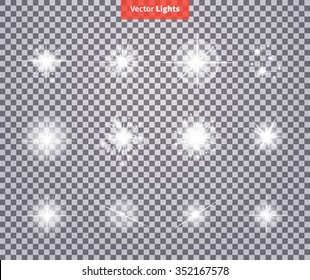 Set glows bright star light fireworks. Flash glow, sparkle illuminated, flare effect shine explosion, spark, starburst. Flare, star and burst. Isolated spark on transparency. Glow special effect light