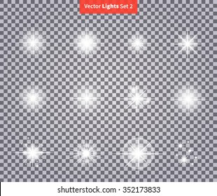 Set glows bright star light fireworks. Flash glow, sparkle illuminated, flare effect, shine explosion spark, starburst. Flare, star and burst. Isolated spark on transparency. Glow special effect light
