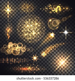 Set glows bright star light fireworks. Flash and glow, sparkle illuminated, flare effect, shine explosion, glitter and twinkle, spark magic, decoration starburst, shiny illustration