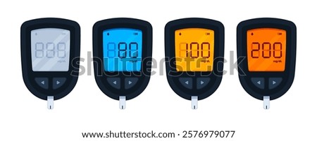 Set of glucometers, glucose meters. Hypoglycemia, hyperglycemia, prediabetes, diabetes, blood sugar level, health monitoring, medical device concept. Flat illustration isolated on white background