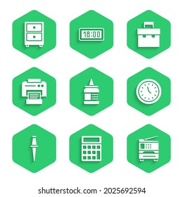 Set Glue, Calculator, Printer, Clock, Push pin, Briefcase and Drawer with documents icon. Vector
