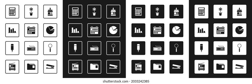 Set Glue, Calendar, Pie chart infographic, Calculator, Flower pot, Magnifying glass and Marker pen icon. Vector