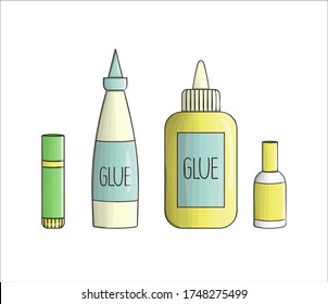 Set of glue icons. Vector colored stationery, writing materials, office or school supplies isolated on white background. Cartoon style