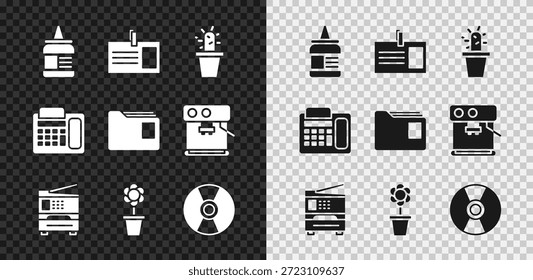 Set Glue, Identification badge, Cactus and succulent in pot, Printer, Flower, CD or DVD disk, Telephone and Document folder icon. Vector