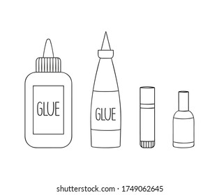 Set of glue line icons. Vector colored stationery, writing materials, office or school supplies isolated on white background. Cartoon style