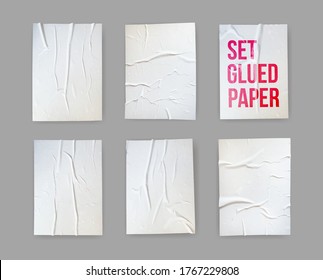 Conjunto de papel pegado efecto arrugado. Papel con pegamento muy húmedo o lámina adhesiva gris con textura arrugada y arrugada. Antecedentes realistas. Ilustración vectorial. Aislado sobre fondo blanco.