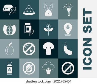 Set Gluten free grain, Eggplant, Vegan food diet, Animal cruelty, milk, Leaf or leaves,  and  icon. Vector