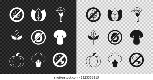 Set Gluten free grain, Leaf or leaves, Vegan food diet, Pumpkin, Broccoli, No meat,  and  icon. Vector