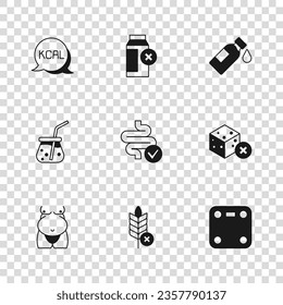 Set Gluten free grain, No sugar, Bathroom scales, Intestines, Bottle of water, Kcal, Lactose intolerance and Fresh smoothie icon. Vector